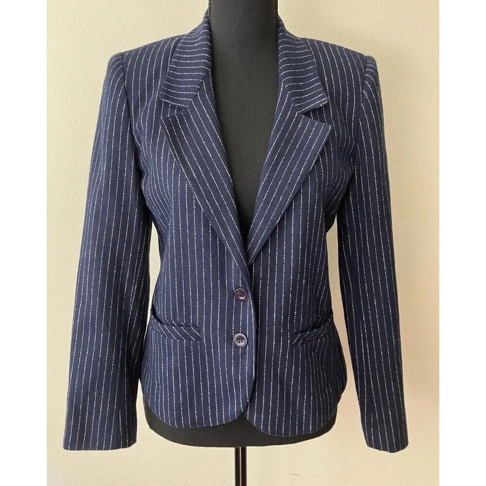 Vintage ‘80s Collegetown Navy Blue Striped Blazer w/ Tulip Hem Wool Bl. ILGWU XS